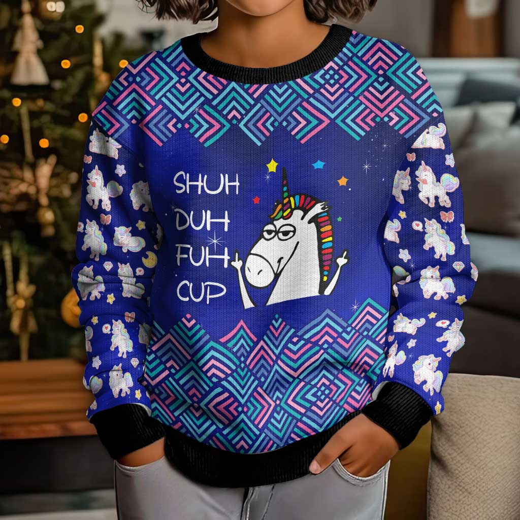 Funny Unicorn Kid Ugly Christmas Sweater with Shuh Duh Fuh Cup Quote Blue Geometric and Cartoon - Wonder Print Shop