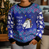 Funny Unicorn Kid Ugly Christmas Sweater with Shuh Duh Fuh Cup Quote Blue Geometric and Cartoon - Wonder Print Shop