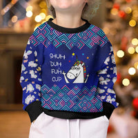 Funny Unicorn Kid Ugly Christmas Sweater with Shuh Duh Fuh Cup Quote Blue Geometric and Cartoon - Wonder Print Shop