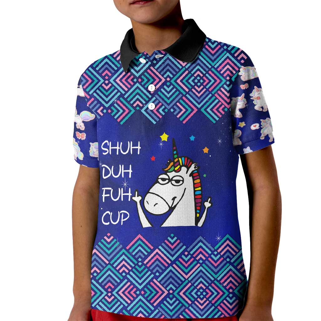 Funny Unicorn Kid Polo Shirt with Shuh Duh Fuh Cup Quote Blue Geometric and Cartoon - Wonder Print Shop