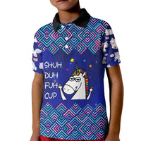 Funny Unicorn Kid Polo Shirt with Shuh Duh Fuh Cup Quote Blue Geometric and Cartoon - Wonder Print Shop