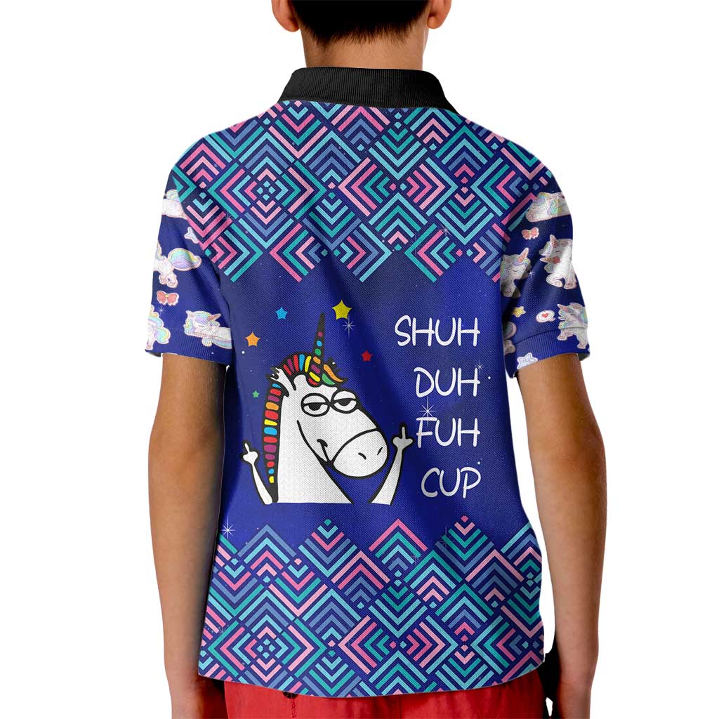 Funny Unicorn Kid Polo Shirt with Shuh Duh Fuh Cup Quote Blue Geometric and Cartoon - Wonder Print Shop
