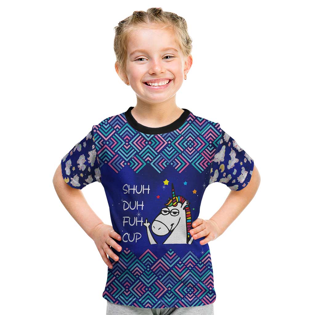 Funny Unicorn Kid T Shirt with Shuh Duh Fuh Cup Quote Blue Geometric and Cartoon - Wonder Print Shop