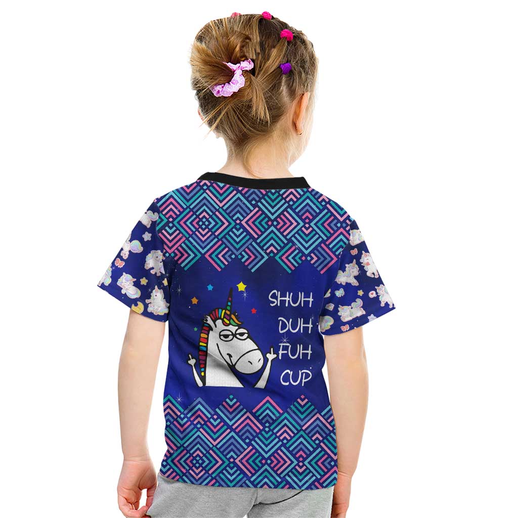 Funny Unicorn Kid T Shirt with Shuh Duh Fuh Cup Quote Blue Geometric and Cartoon - Wonder Print Shop