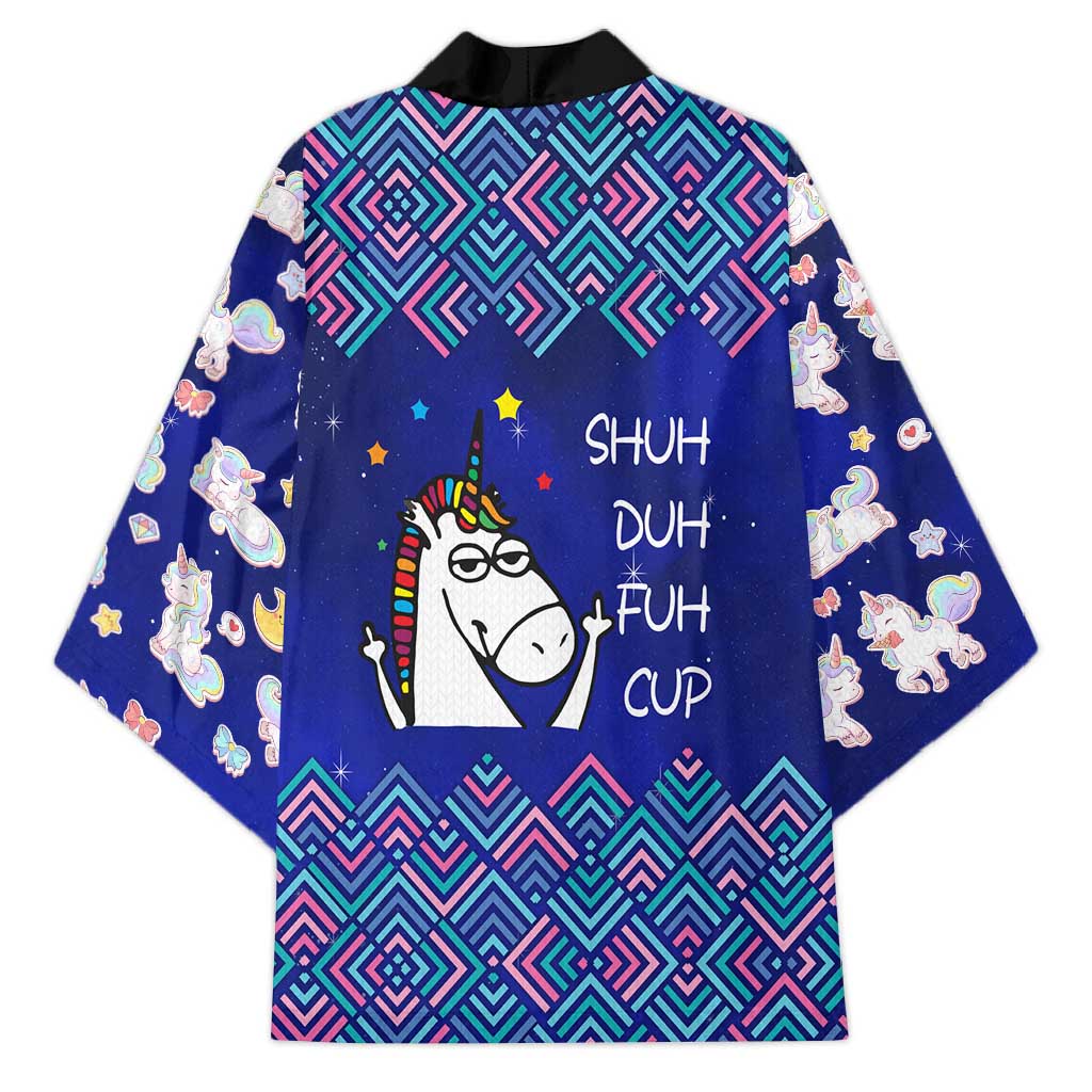 Funny Unicorn Kimono with Shuh Duh Fuh Cup Quote Blue Geometric and Cartoon - Wonder Print Shop