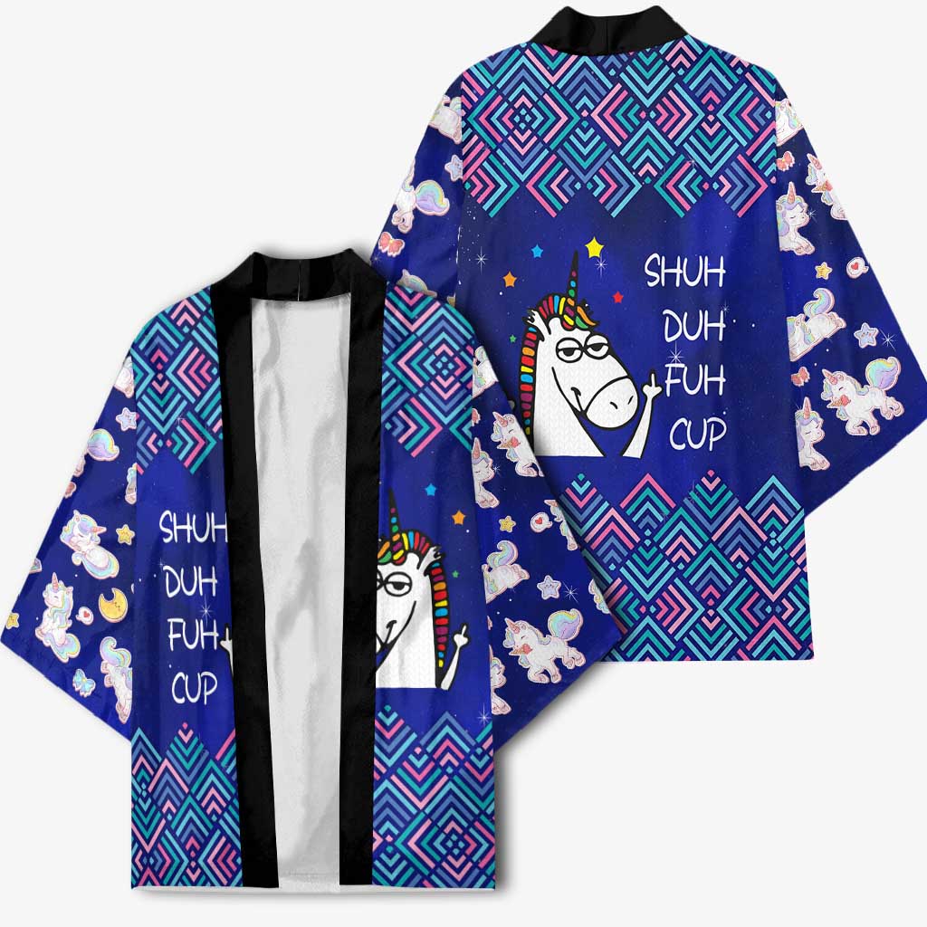 Funny Unicorn Kimono with Shuh Duh Fuh Cup Quote Blue Geometric and Cartoon - Wonder Print Shop