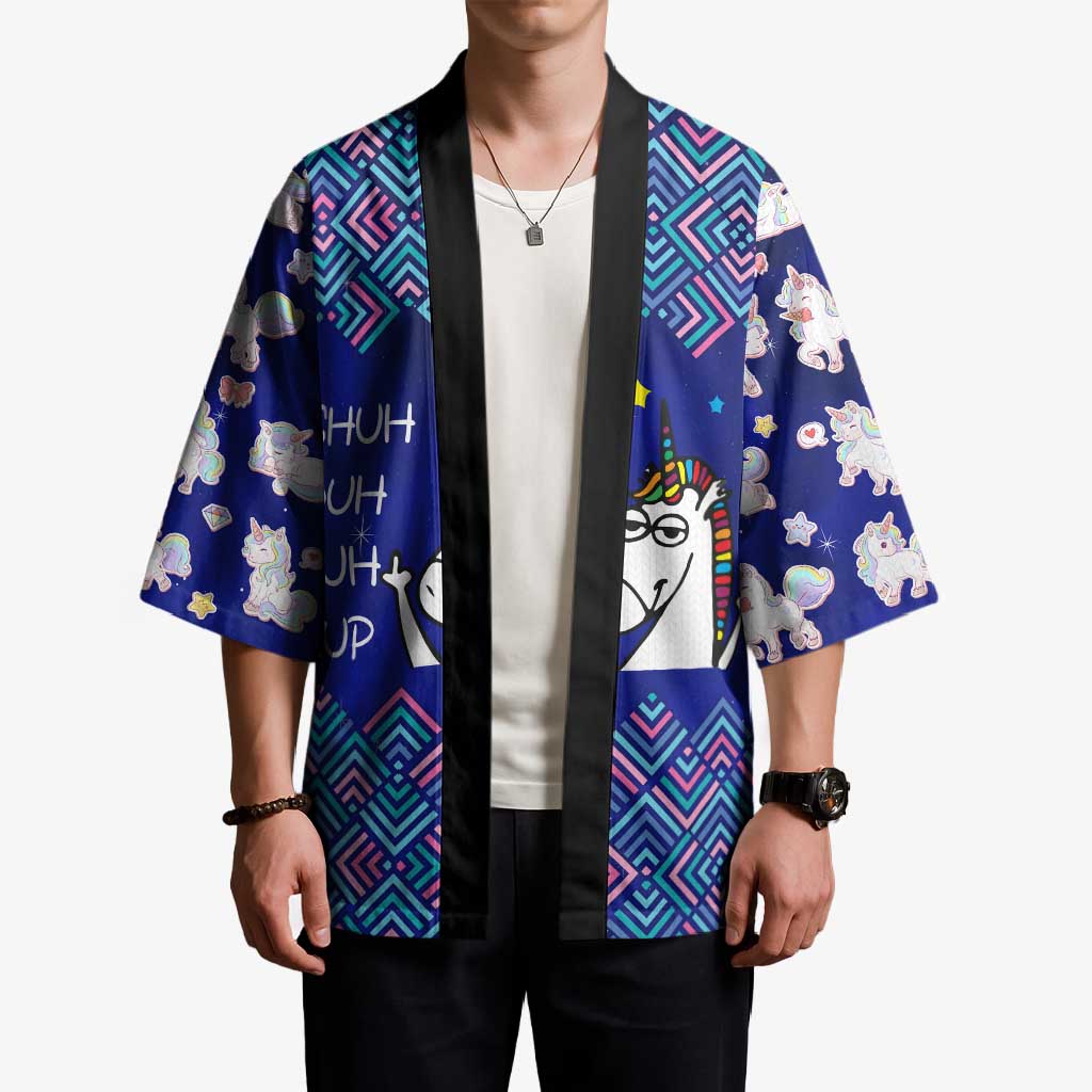 Funny Unicorn Kimono with Shuh Duh Fuh Cup Quote Blue Geometric and Cartoon - Wonder Print Shop