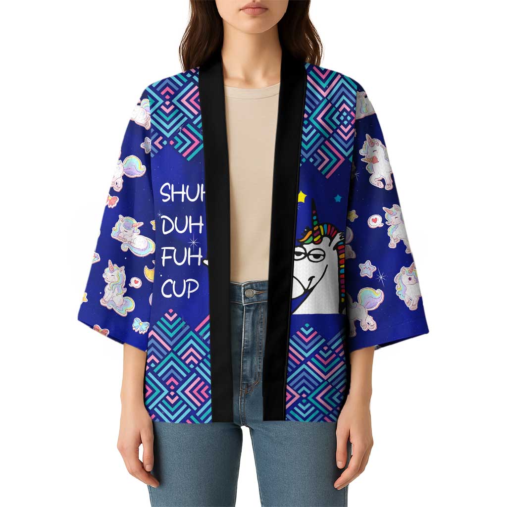 Funny Unicorn Kimono with Shuh Duh Fuh Cup Quote Blue Geometric and Cartoon - Wonder Print Shop