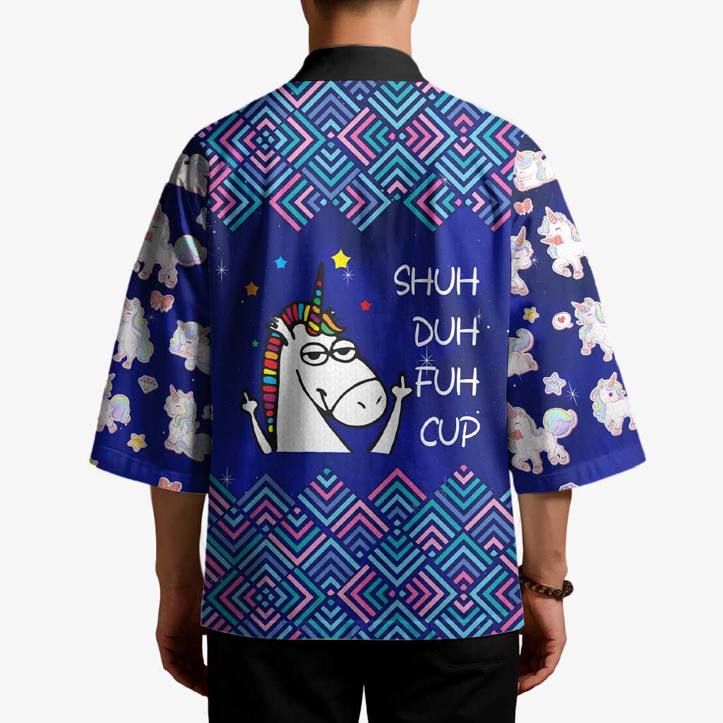Funny Unicorn Kimono with Shuh Duh Fuh Cup Quote Blue Geometric and Cartoon - Wonder Print Shop