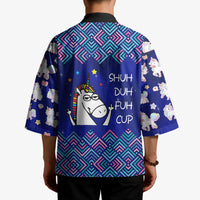 Funny Unicorn Kimono with Shuh Duh Fuh Cup Quote Blue Geometric and Cartoon - Wonder Print Shop
