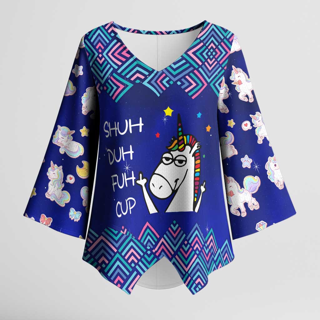 Funny Unicorn Kimono Sleeve Blouse with Shuh Duh Fuh Cup Quote Blue Geometric and Cartoon - Wonder Print Shop