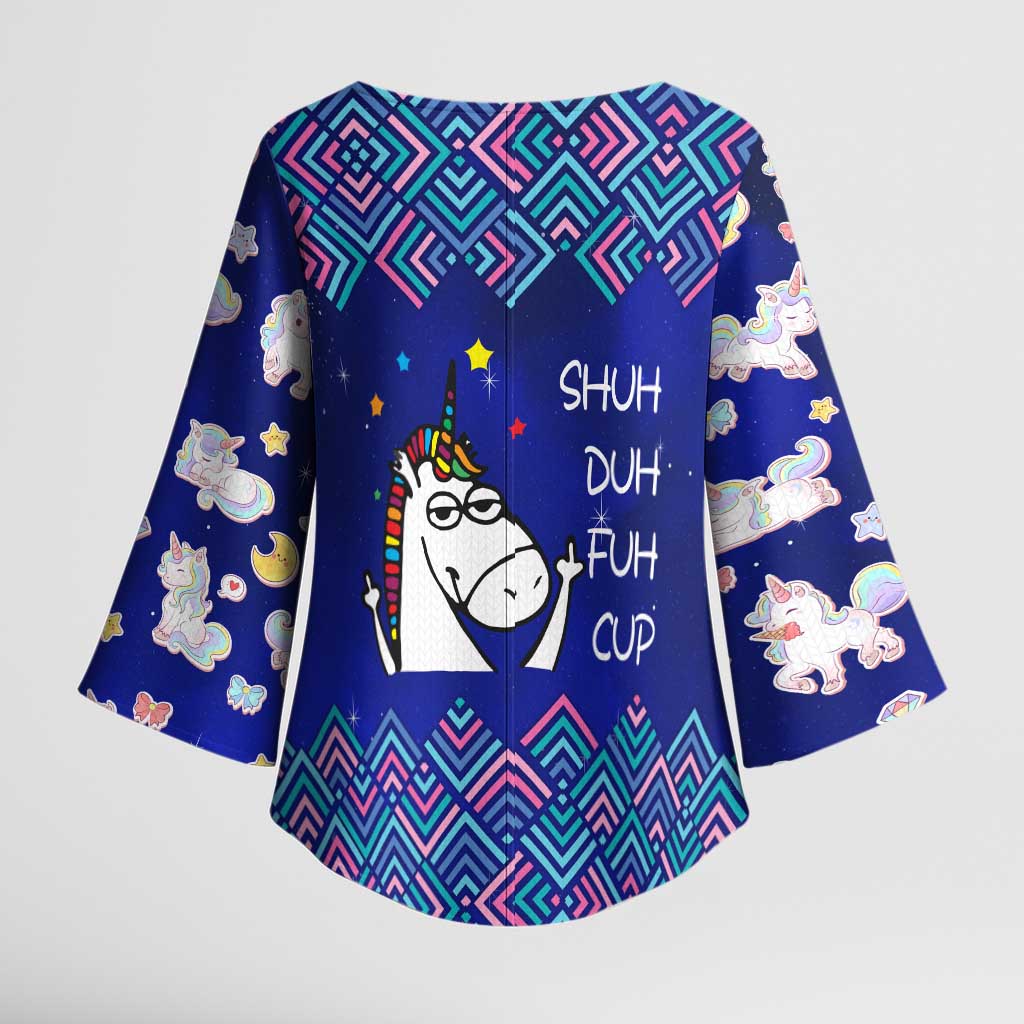 Funny Unicorn Kimono Sleeve Blouse with Shuh Duh Fuh Cup Quote Blue Geometric and Cartoon - Wonder Print Shop