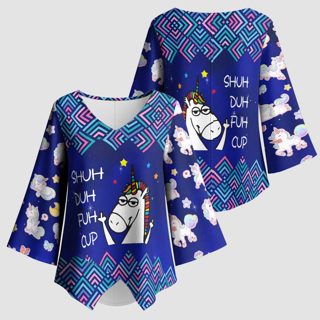 Funny Unicorn Kimono Sleeve Blouse with Shuh Duh Fuh Cup Quote Blue Geometric and Cartoon - Wonder Print Shop