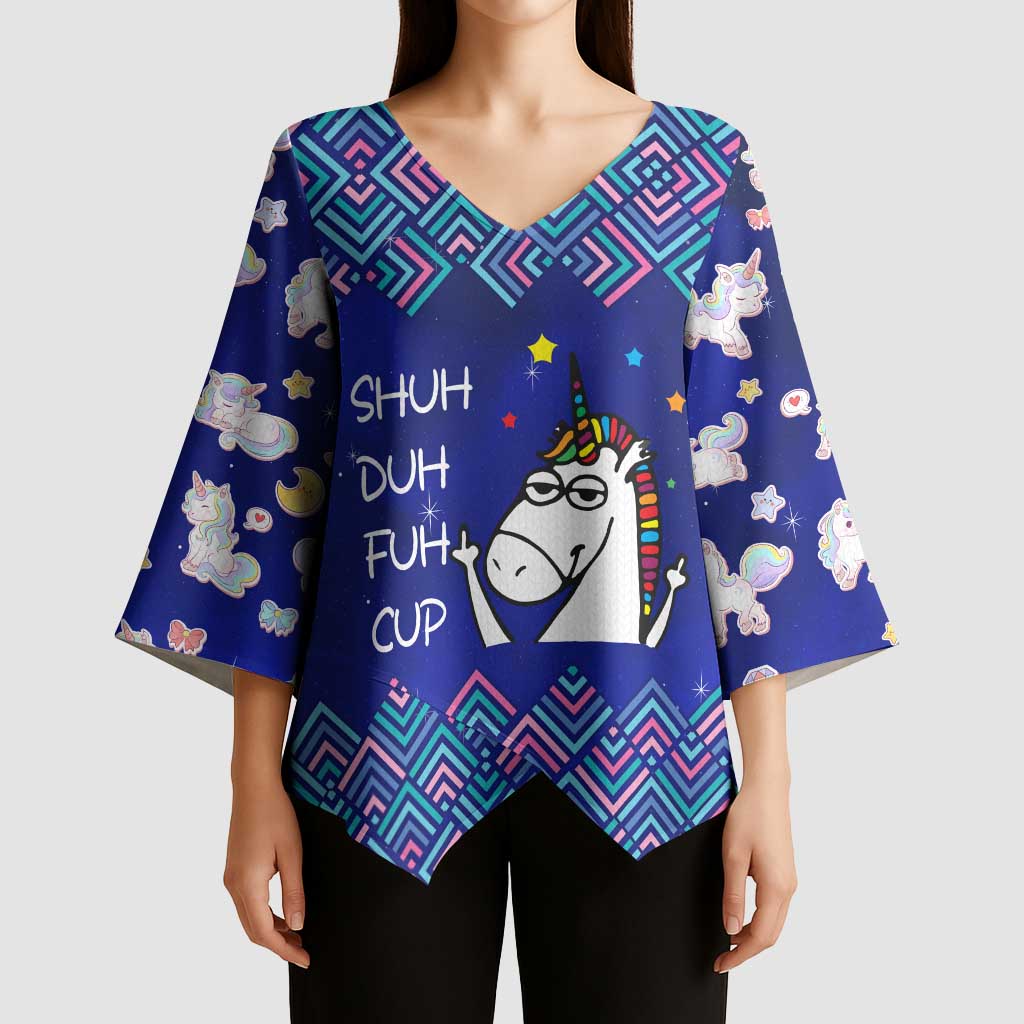 Funny Unicorn Kimono Sleeve Blouse with Shuh Duh Fuh Cup Quote Blue Geometric and Cartoon - Wonder Print Shop
