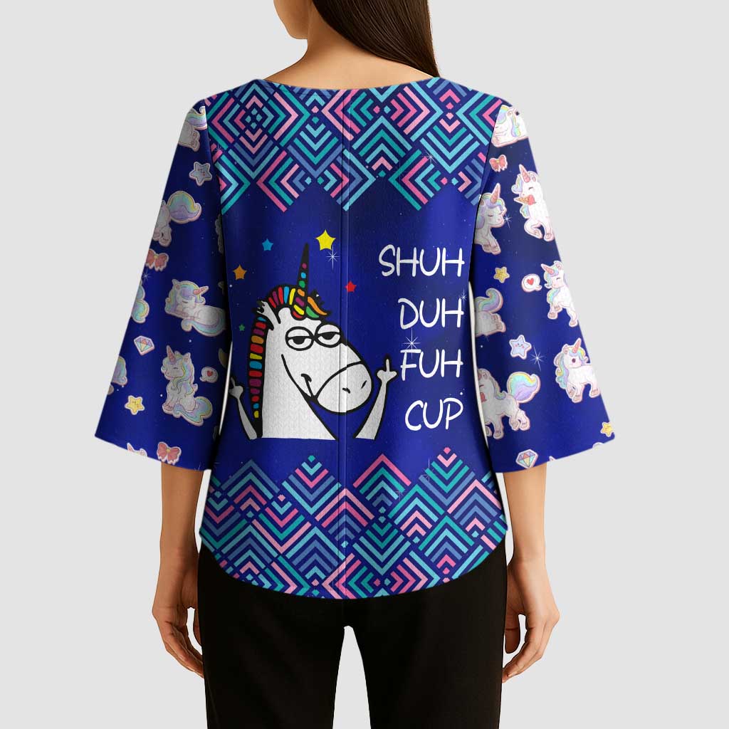 Funny Unicorn Kimono Sleeve Blouse with Shuh Duh Fuh Cup Quote Blue Geometric and Cartoon - Wonder Print Shop