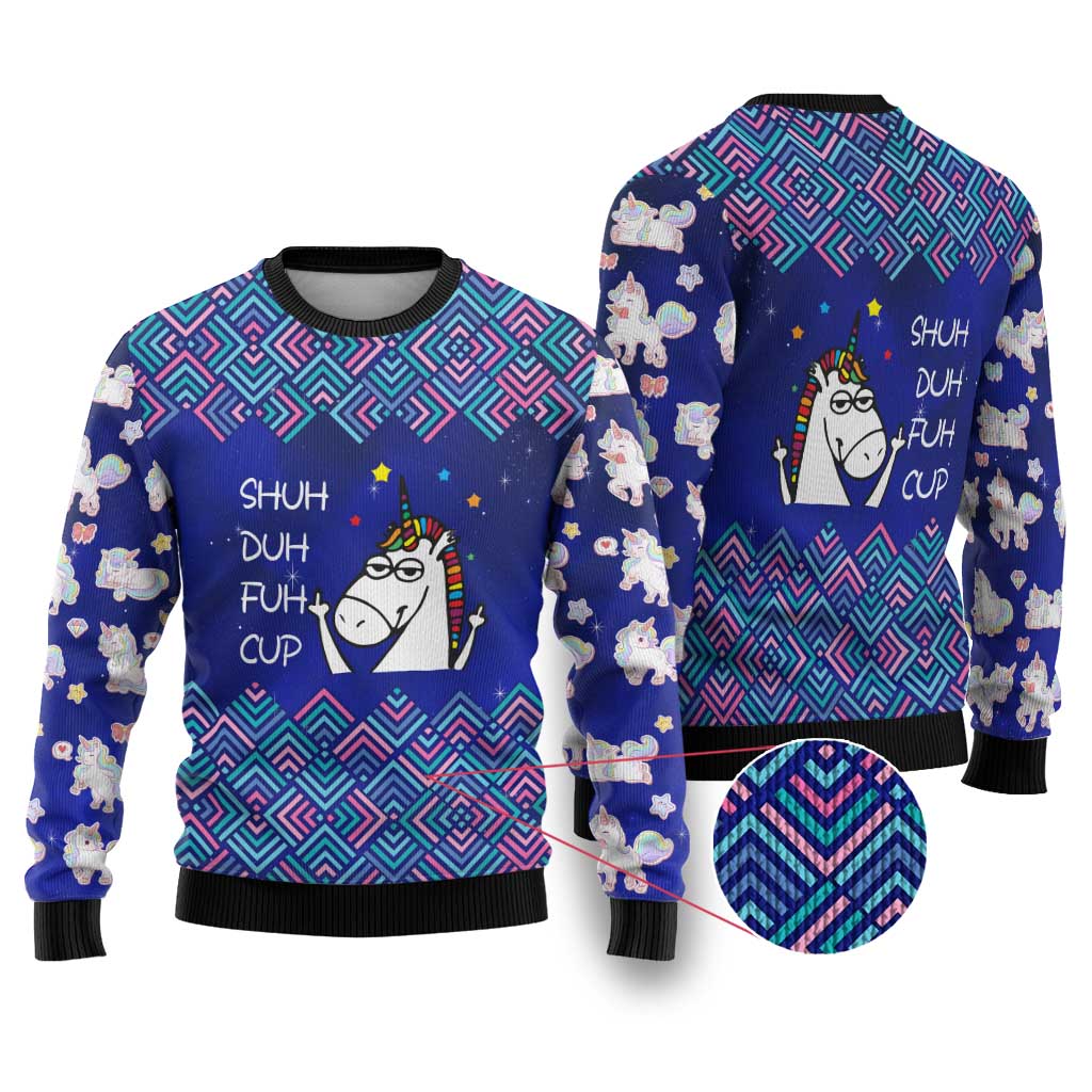 Funny Unicorn Ugly Christmas Sweater with Shuh Duh Fuh Cup Quote Blue Geometric and Cartoon - Wonder Print Shop