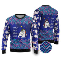 Funny Unicorn Ugly Christmas Sweater with Shuh Duh Fuh Cup Quote Blue Geometric and Cartoon - Wonder Print Shop