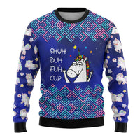 Funny Unicorn Ugly Christmas Sweater with Shuh Duh Fuh Cup Quote Blue Geometric and Cartoon - Wonder Print Shop