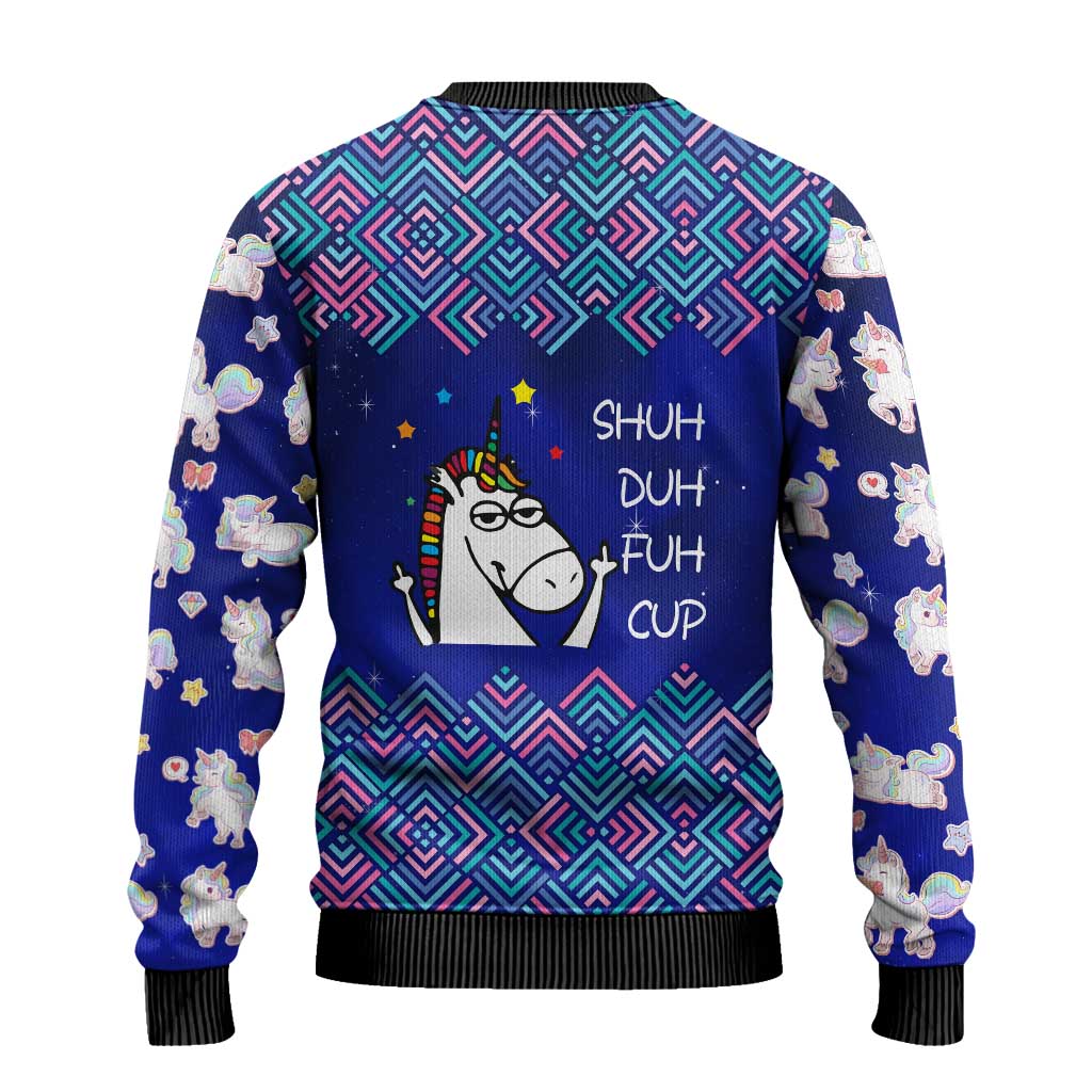 Funny Unicorn Ugly Christmas Sweater with Shuh Duh Fuh Cup Quote Blue Geometric and Cartoon - Wonder Print Shop