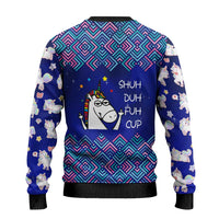 Funny Unicorn Ugly Christmas Sweater with Shuh Duh Fuh Cup Quote Blue Geometric and Cartoon - Wonder Print Shop