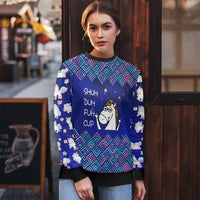 Funny Unicorn Ugly Christmas Sweater with Shuh Duh Fuh Cup Quote Blue Geometric and Cartoon - Wonder Print Shop