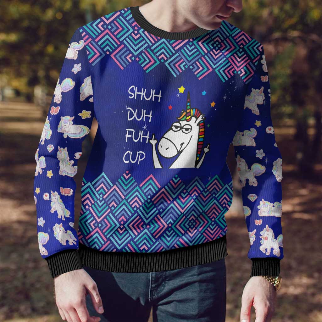 Funny Unicorn Ugly Christmas Sweater with Shuh Duh Fuh Cup Quote Blue Geometric and Cartoon - Wonder Print Shop