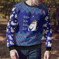 Funny Unicorn Ugly Christmas Sweater with Shuh Duh Fuh Cup Quote Blue Geometric and Cartoon - Wonder Print Shop