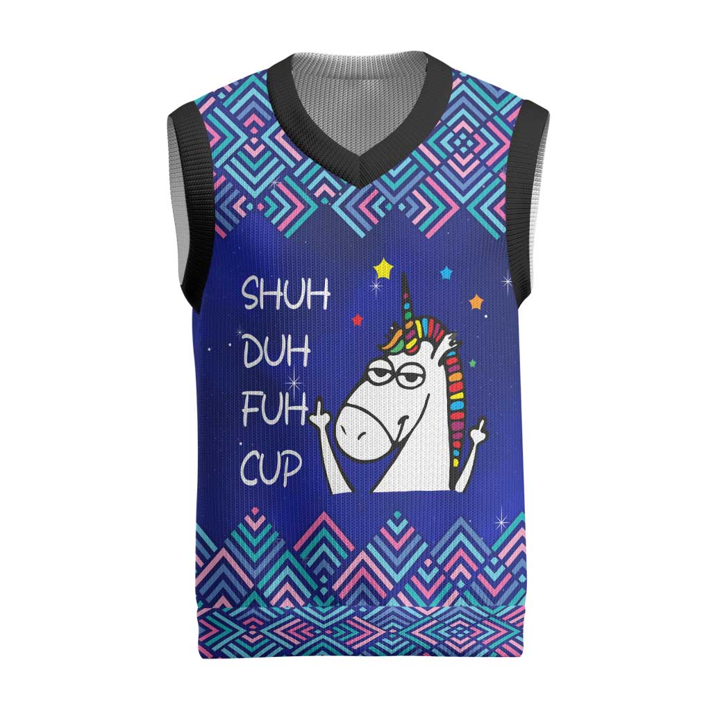 Funny Unicorn Christmas Knitted V-Neck Vest with Shuh Duh Fuh Cup Quote Blue Geometric and Cartoon - Wonder Print Shop