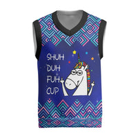 Funny Unicorn Christmas Knitted V-Neck Vest with Shuh Duh Fuh Cup Quote Blue Geometric and Cartoon - Wonder Print Shop