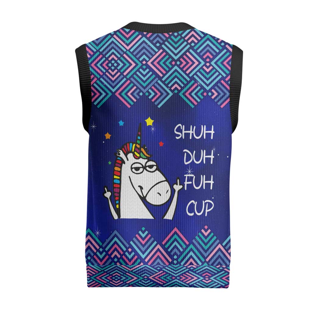 Funny Unicorn Christmas Knitted V-Neck Vest with Shuh Duh Fuh Cup Quote Blue Geometric and Cartoon - Wonder Print Shop