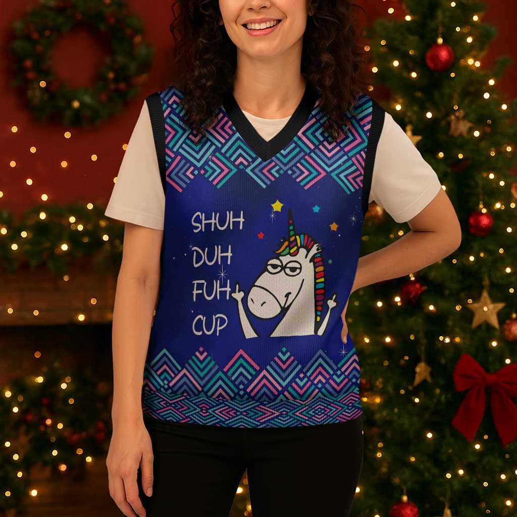 Funny Unicorn Christmas Knitted V-Neck Vest with Shuh Duh Fuh Cup Quote Blue Geometric and Cartoon - Wonder Print Shop