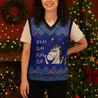Funny Unicorn Christmas Knitted V-Neck Vest with Shuh Duh Fuh Cup Quote Blue Geometric and Cartoon - Wonder Print Shop