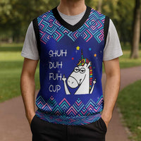 Funny Unicorn Christmas Knitted V-Neck Vest with Shuh Duh Fuh Cup Quote Blue Geometric and Cartoon - Wonder Print Shop