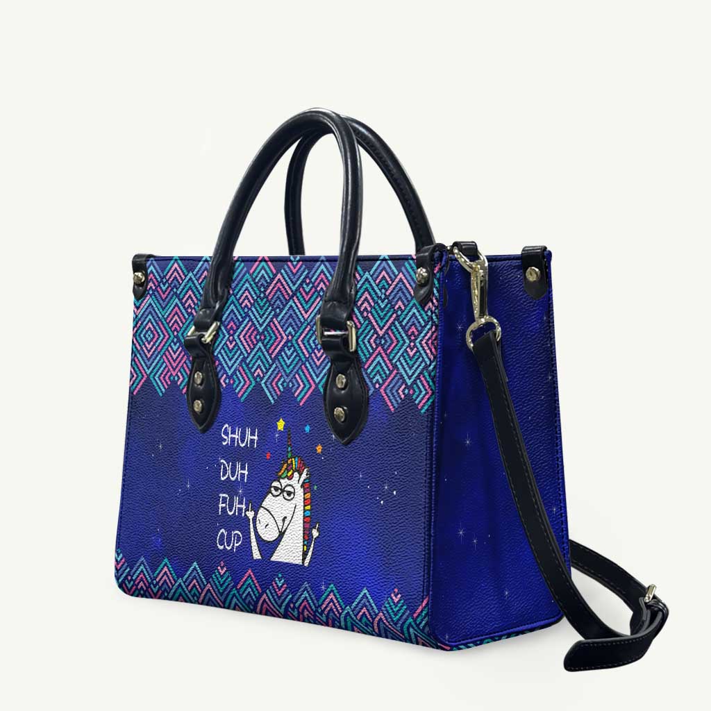 Funny Unicorn Leather Bag with Shuh Duh Fuh Cup Quote Blue Geometric and Cartoon - Wonder Print Shop