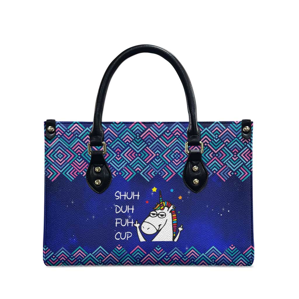 Funny Unicorn Leather Bag with Shuh Duh Fuh Cup Quote Blue Geometric and Cartoon - Wonder Print Shop