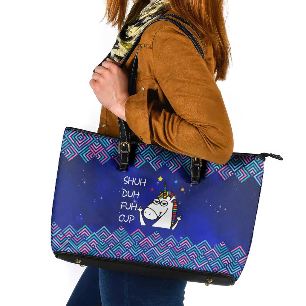 Funny Unicorn Leather Tote Bag with Shuh Duh Fuh Cup Quote Blue Geometric and Cartoon - Wonder Print Shop