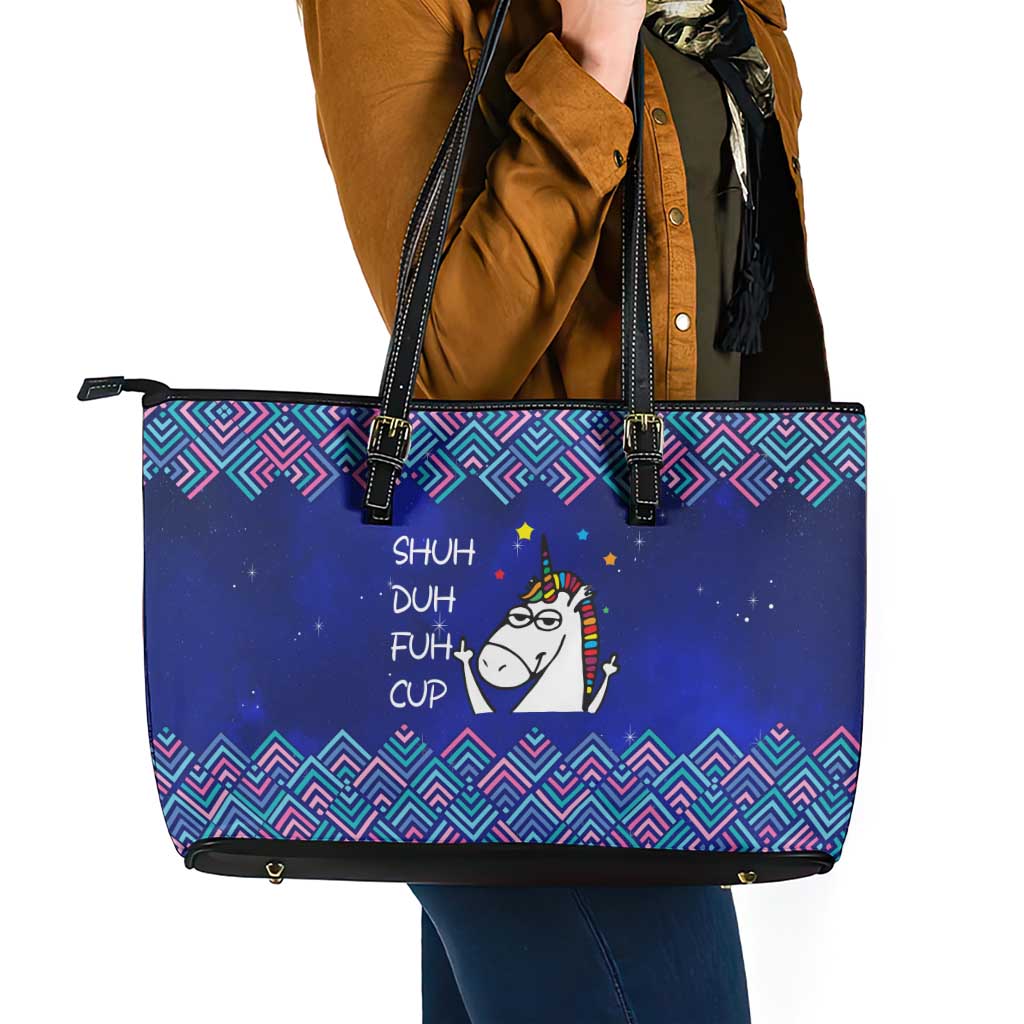Funny Unicorn Leather Tote Bag with Shuh Duh Fuh Cup Quote Blue Geometric and Cartoon - Wonder Print Shop