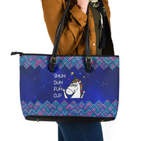 Funny Unicorn Leather Tote Bag with Shuh Duh Fuh Cup Quote Blue Geometric and Cartoon - Wonder Print Shop