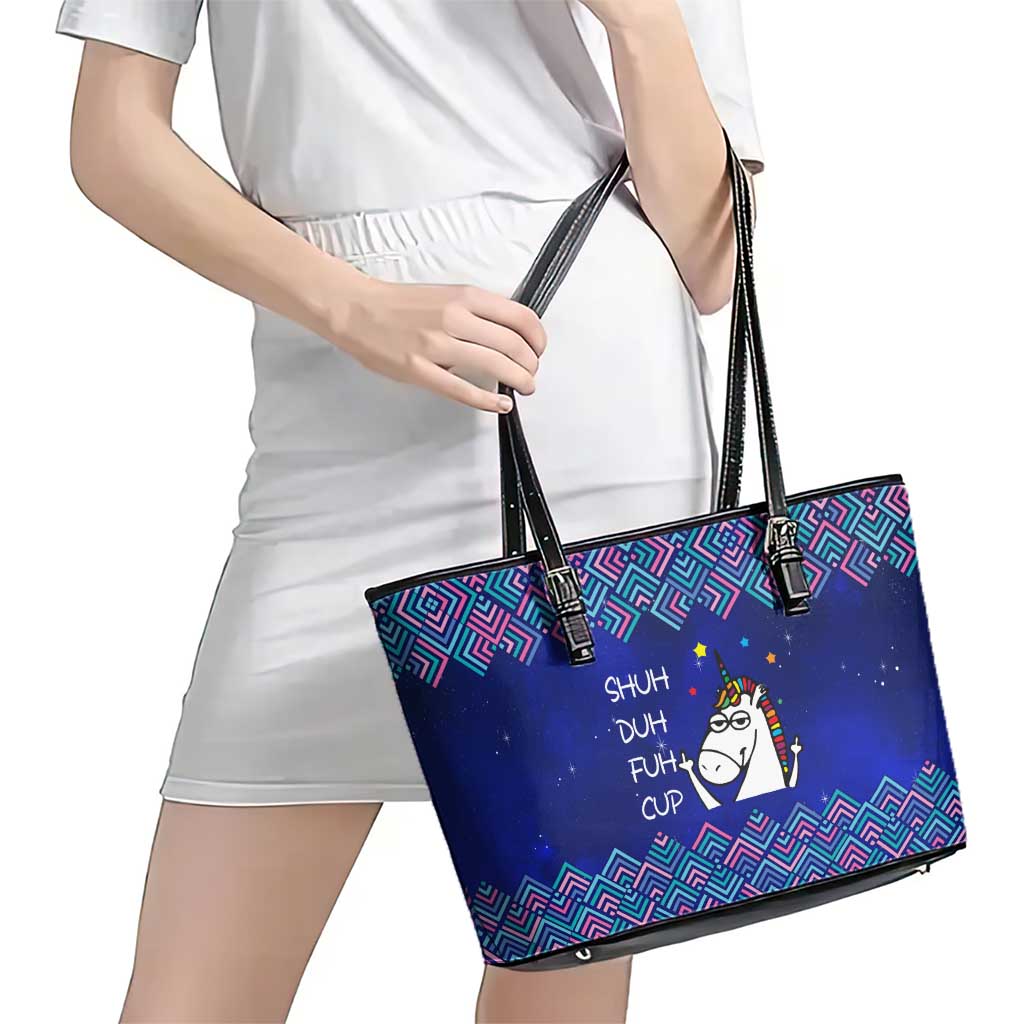 Funny Unicorn Leather Tote Bag with Shuh Duh Fuh Cup Quote Blue Geometric and Cartoon - Wonder Print Shop