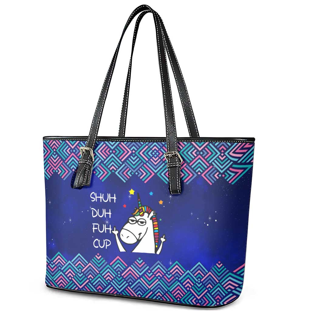 Funny Unicorn Leather Tote Bag with Shuh Duh Fuh Cup Quote Blue Geometric and Cartoon - Wonder Print Shop