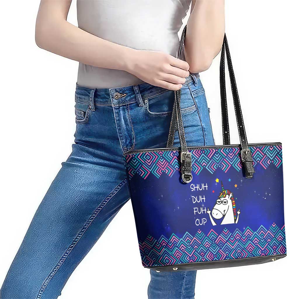 Funny Unicorn Leather Tote Bag with Shuh Duh Fuh Cup Quote Blue Geometric and Cartoon - Wonder Print Shop