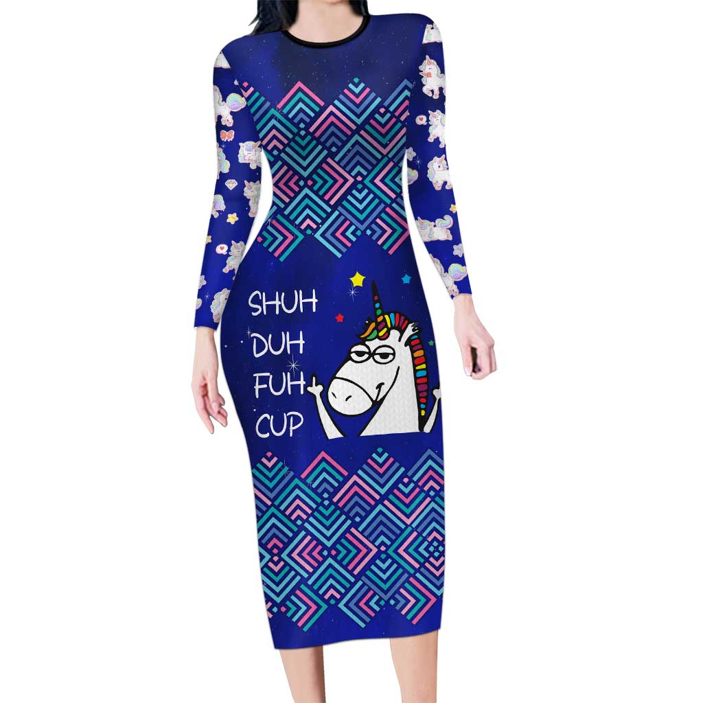 Funny Unicorn Long Sleeve Bodycon Dress with Shuh Duh Fuh Cup Quote Blue Geometric and Cartoon - Wonder Print Shop