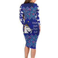 Funny Unicorn Long Sleeve Bodycon Dress with Shuh Duh Fuh Cup Quote Blue Geometric and Cartoon - Wonder Print Shop