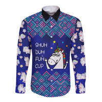 Funny Unicorn Long Sleeve Button Shirt with Shuh Duh Fuh Cup Quote Blue Geometric and Cartoon - Wonder Print Shop