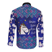 Funny Unicorn Long Sleeve Button Shirt with Shuh Duh Fuh Cup Quote Blue Geometric and Cartoon - Wonder Print Shop