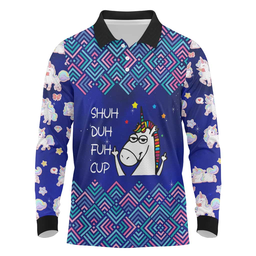 Funny Unicorn Long Sleeve Polo Shirt with Shuh Duh Fuh Cup Quote Blue Geometric and Cartoon - Wonder Print Shop