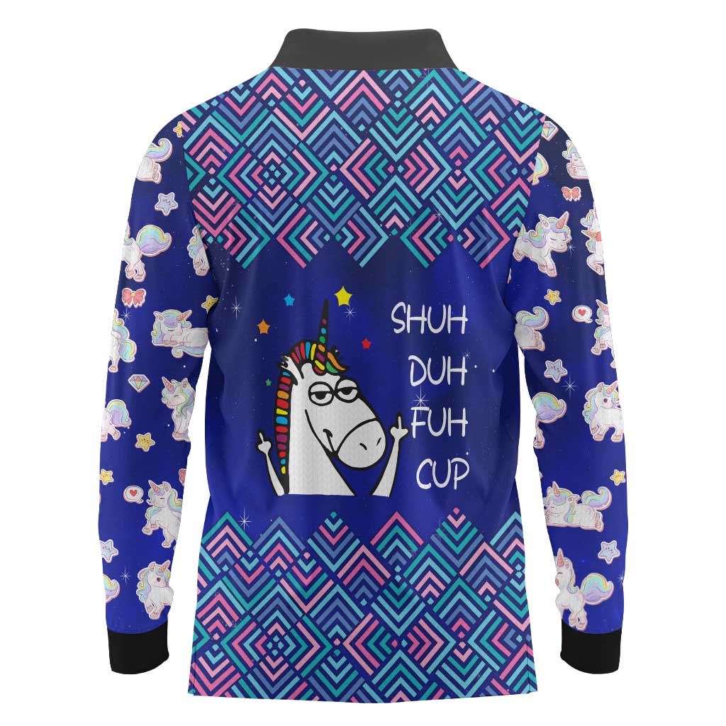 Funny Unicorn Long Sleeve Polo Shirt with Shuh Duh Fuh Cup Quote Blue Geometric and Cartoon - Wonder Print Shop