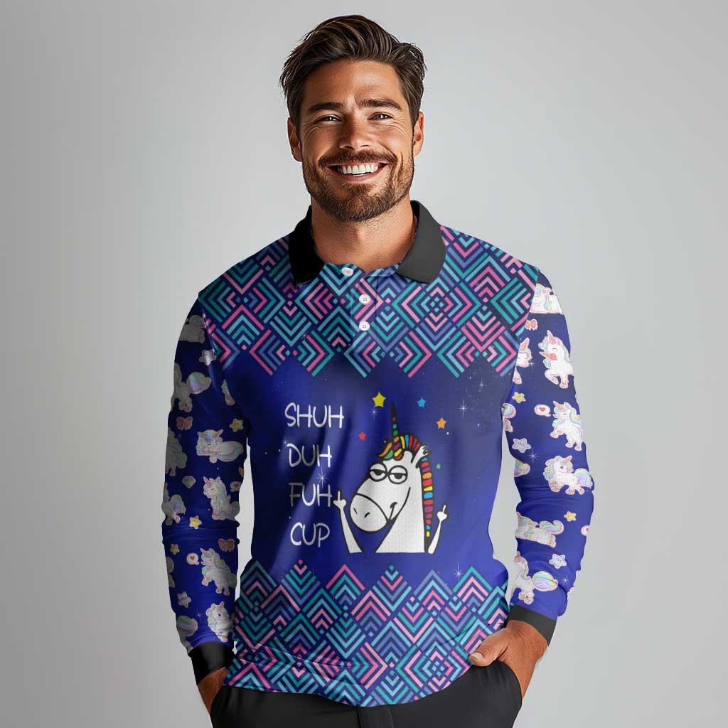 Funny Unicorn Long Sleeve Polo Shirt with Shuh Duh Fuh Cup Quote Blue Geometric and Cartoon - Wonder Print Shop