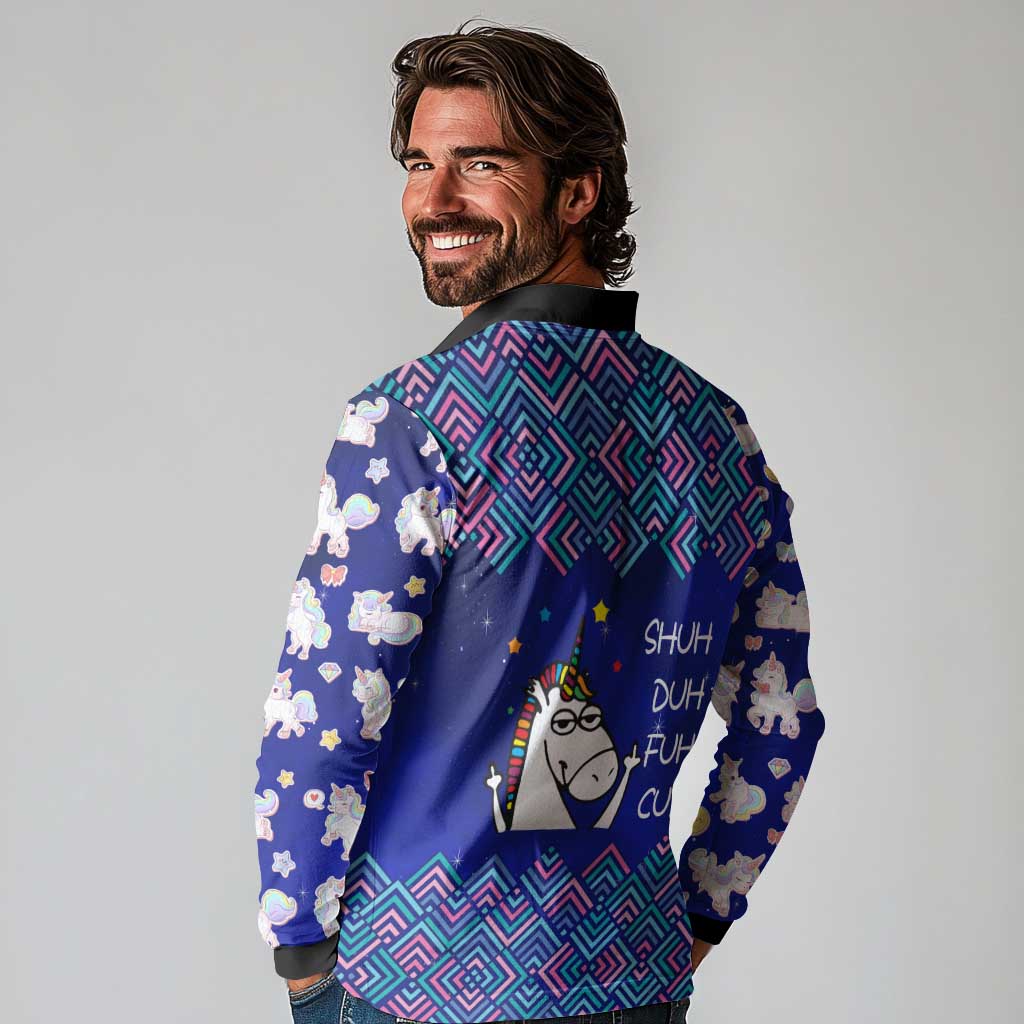 Funny Unicorn Long Sleeve Polo Shirt with Shuh Duh Fuh Cup Quote Blue Geometric and Cartoon - Wonder Print Shop