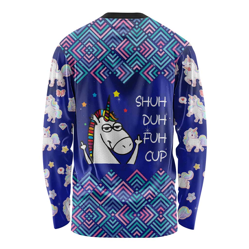 Funny Unicorn Long Sleeve Shirt with Shuh Duh Fuh Cup Quote Blue Geometric and Cartoon - Wonder Print Shop
